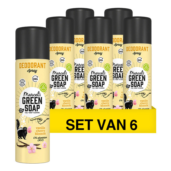 Marcel's Green Soap Aanbieding: 	Marcel's Green Soap deodorant spray Mimosa en Zwarte bes (6 deodorants - 900 ml)  SMA00314 - 1