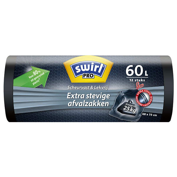 herstel vluchtelingen sap Vuilniszakken met trekband 60 liter | Extra sterk | 12 stuks | Swirl Pro  Swirl 123schoon.nl